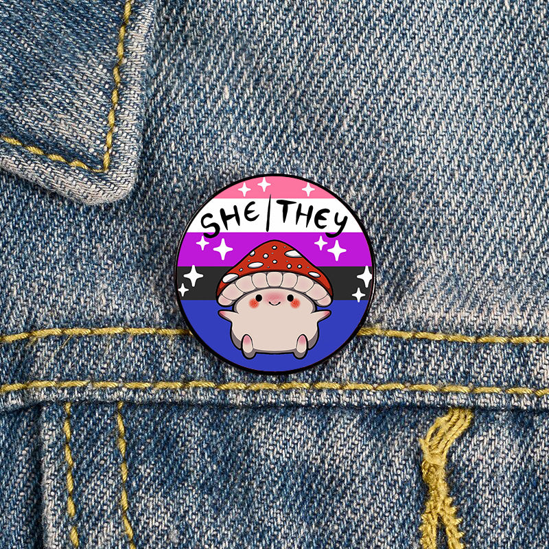 Genderfluid Pride She/They Mushroom Pronoun Pin